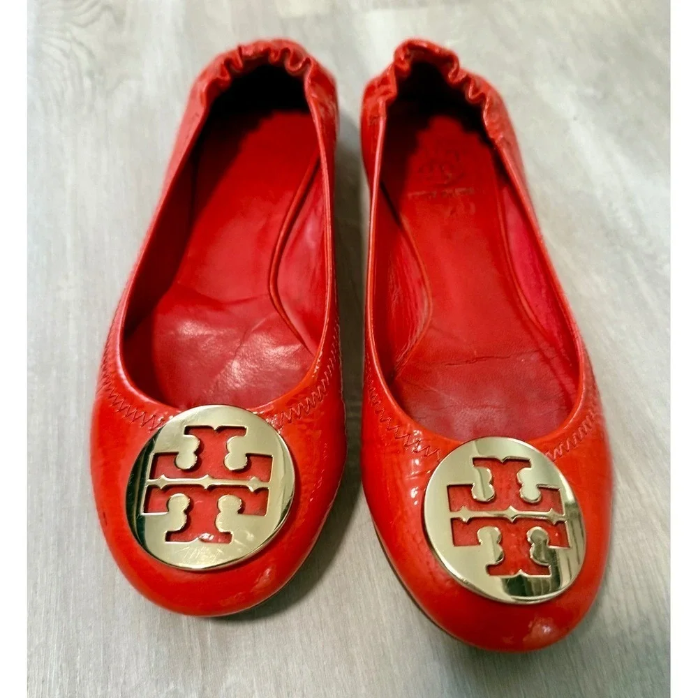 Tory Burch Red Patent Leather Ballet Flats Gold Logo Women's Size 7